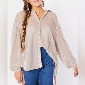 We The Free La Luna Velvet Button Down Shirt Women’s Size M Oversized Boho